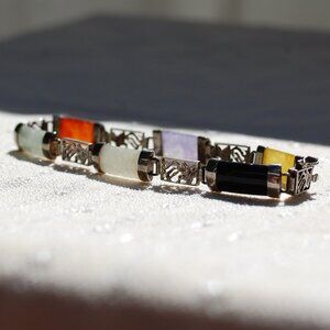 Vintage 925 Silver Hummingbird Multicolor Jade Stones Bracelet